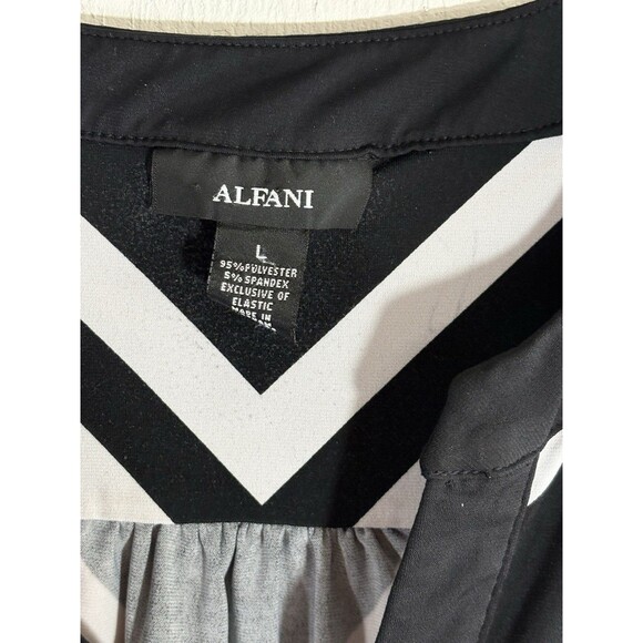 ALFANI Large Black, White, Red 3/4 Sleeve Women’s Ruched Hem Split V-neck Blouse - Picture 2 of 9